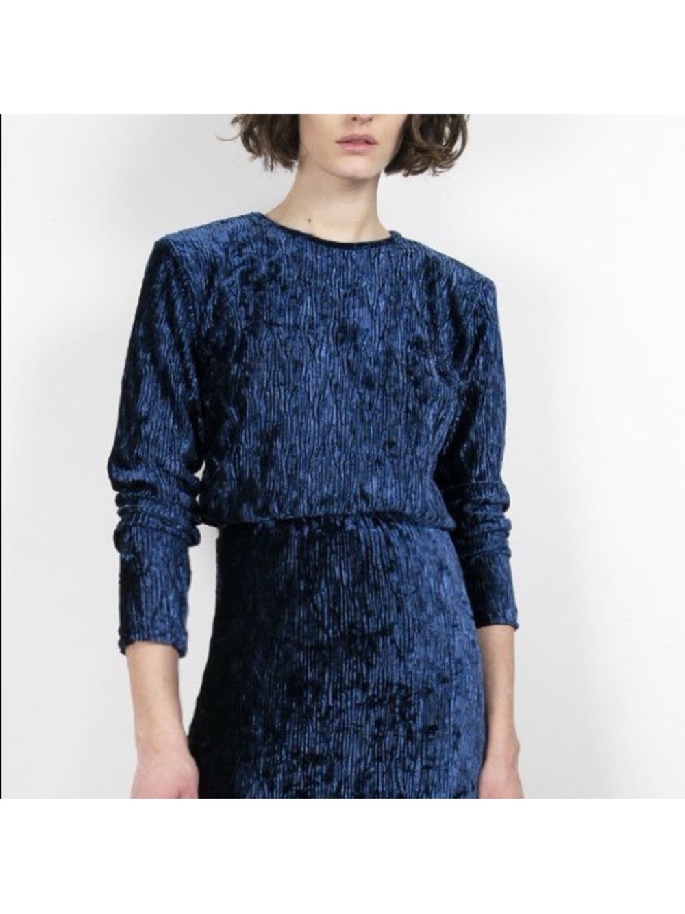 The Frankie Shop Shoulder Padded Crushed Velvet Long Sleeve Tunic Top Blue Sz S